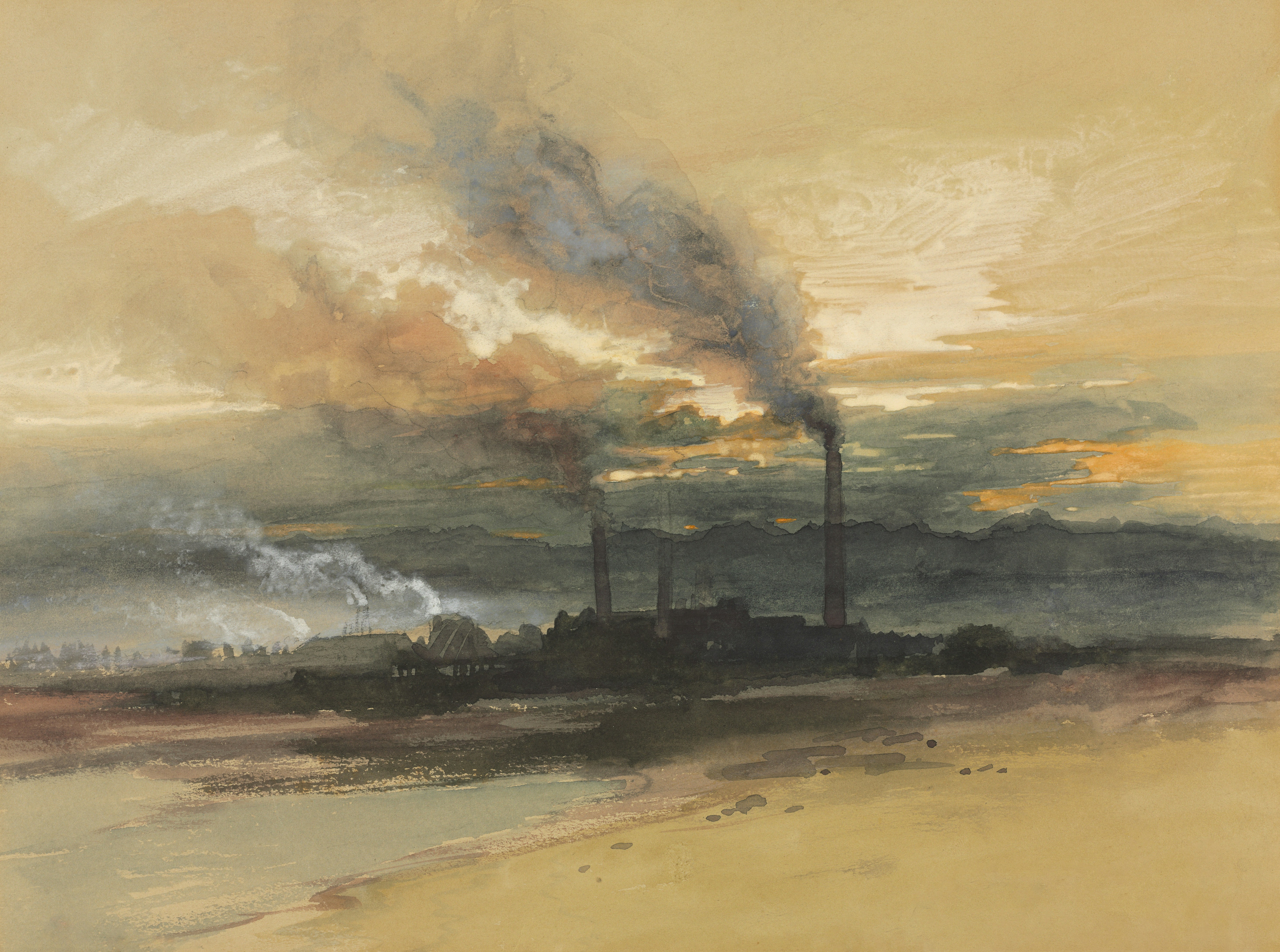 a painting of a factory with smoke coming out of it