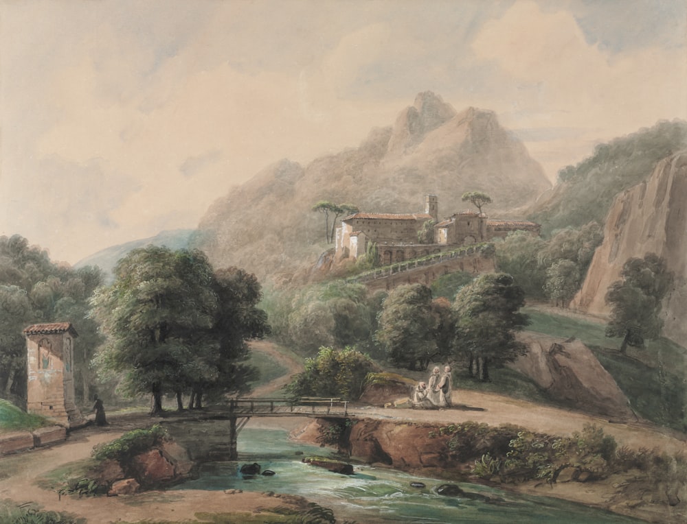 a painting of a mountain landscape with a bridge