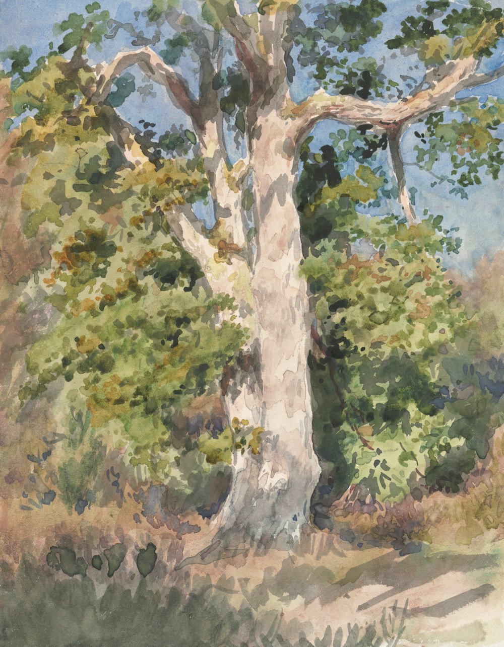 a painting of a tree in a field