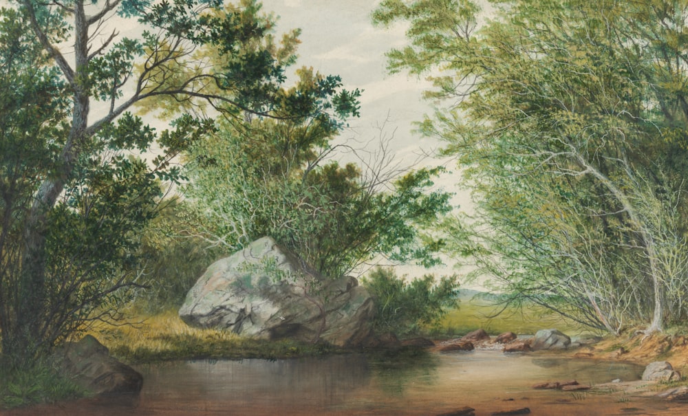 ein Gemälde eines Flusses, der von Bäumen umgeben ist