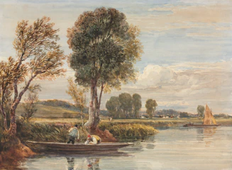 A vibrant painting featuring graceful cranes and a serene boat on water.