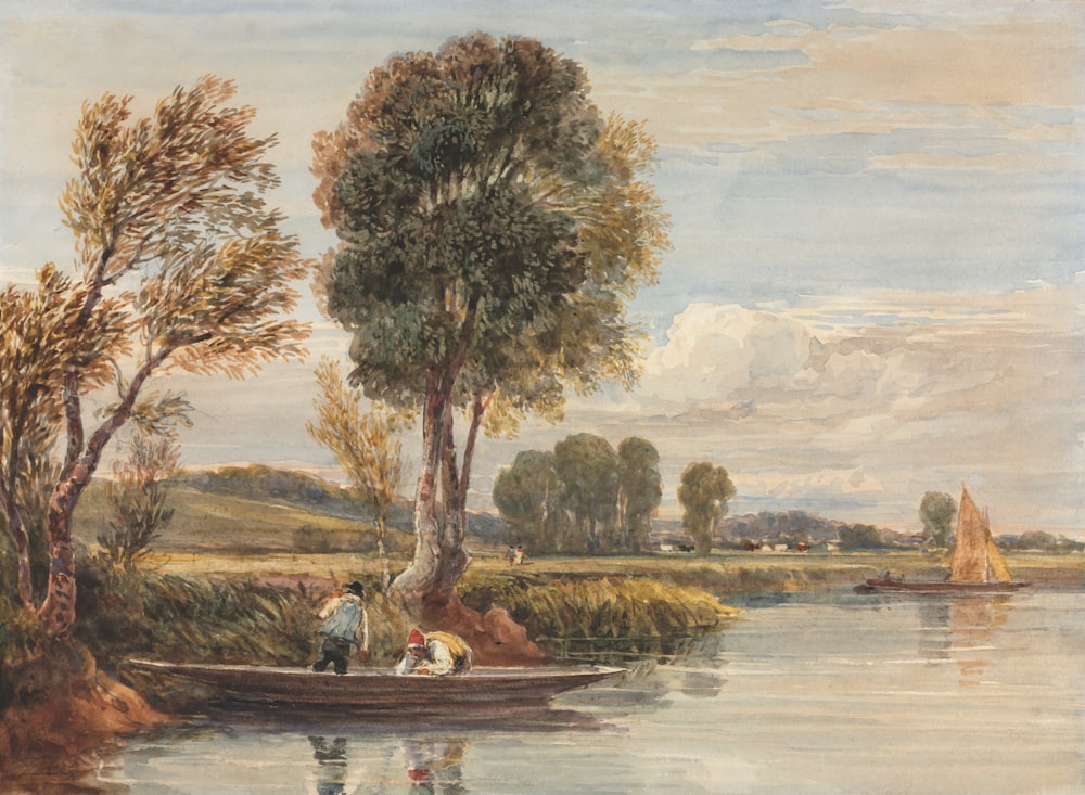 a painting of people in a boat on a river