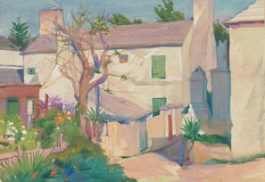 A watercolor painting depicting a quaint rural scene with small houses surrounded by lush greenery. The central structure has white walls with green window shutters, and there's a bare tree in the foreground. The scene is bathed in soft, natural light, conveying a tranquil and serene atmosphere.