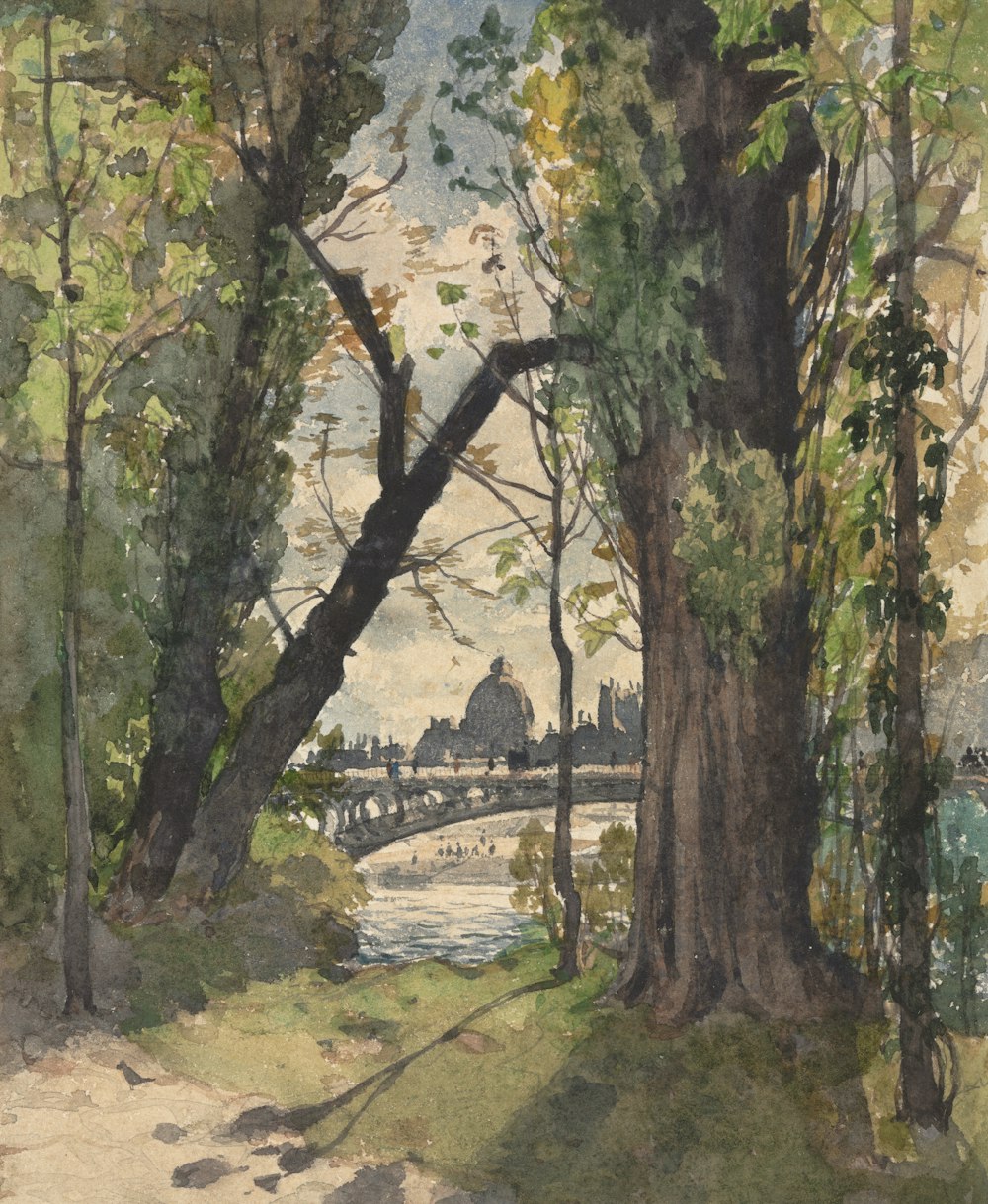 a painting of trees and a bridge in the background