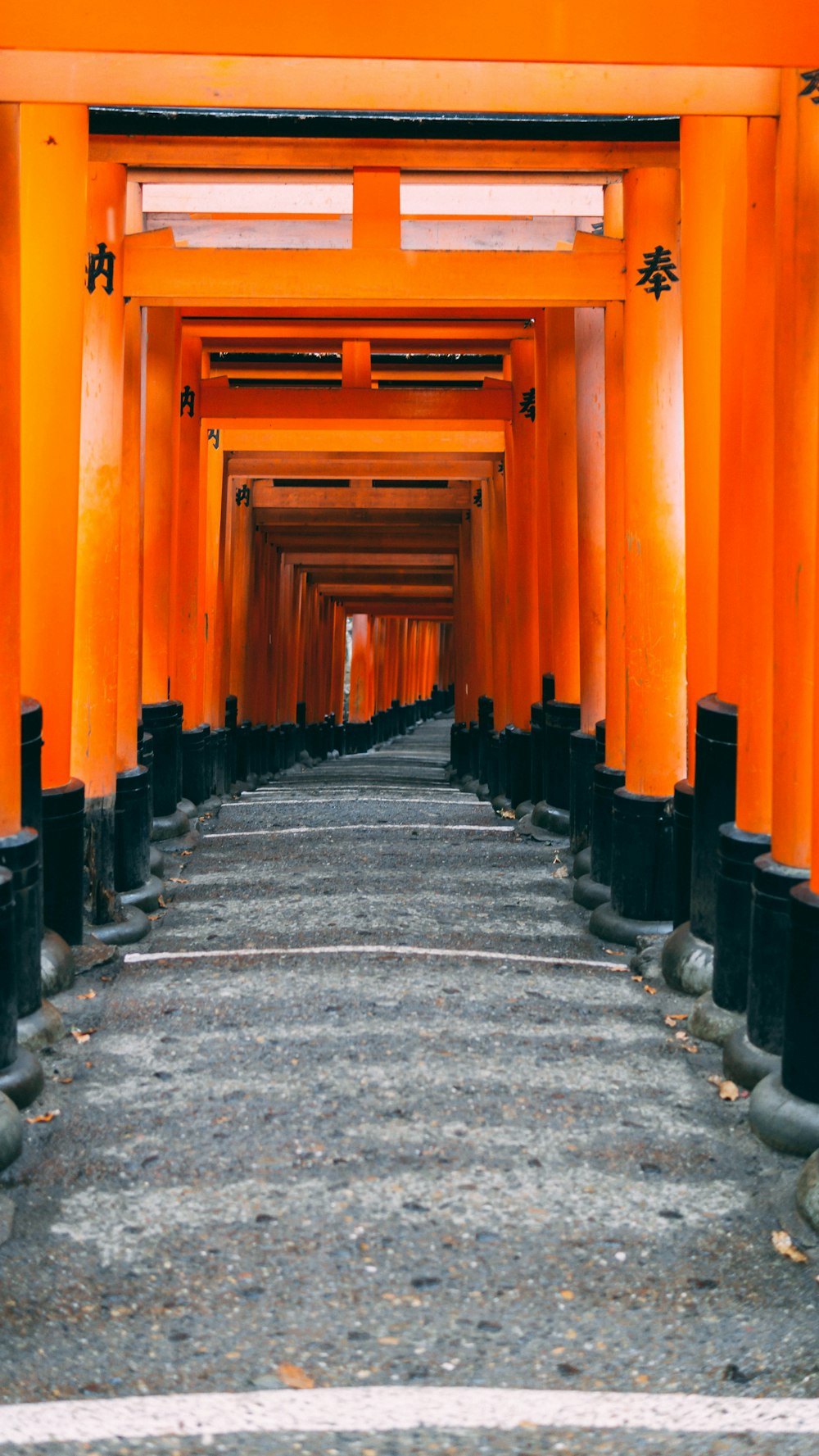 a walkway lined with tall orange pillars in a city