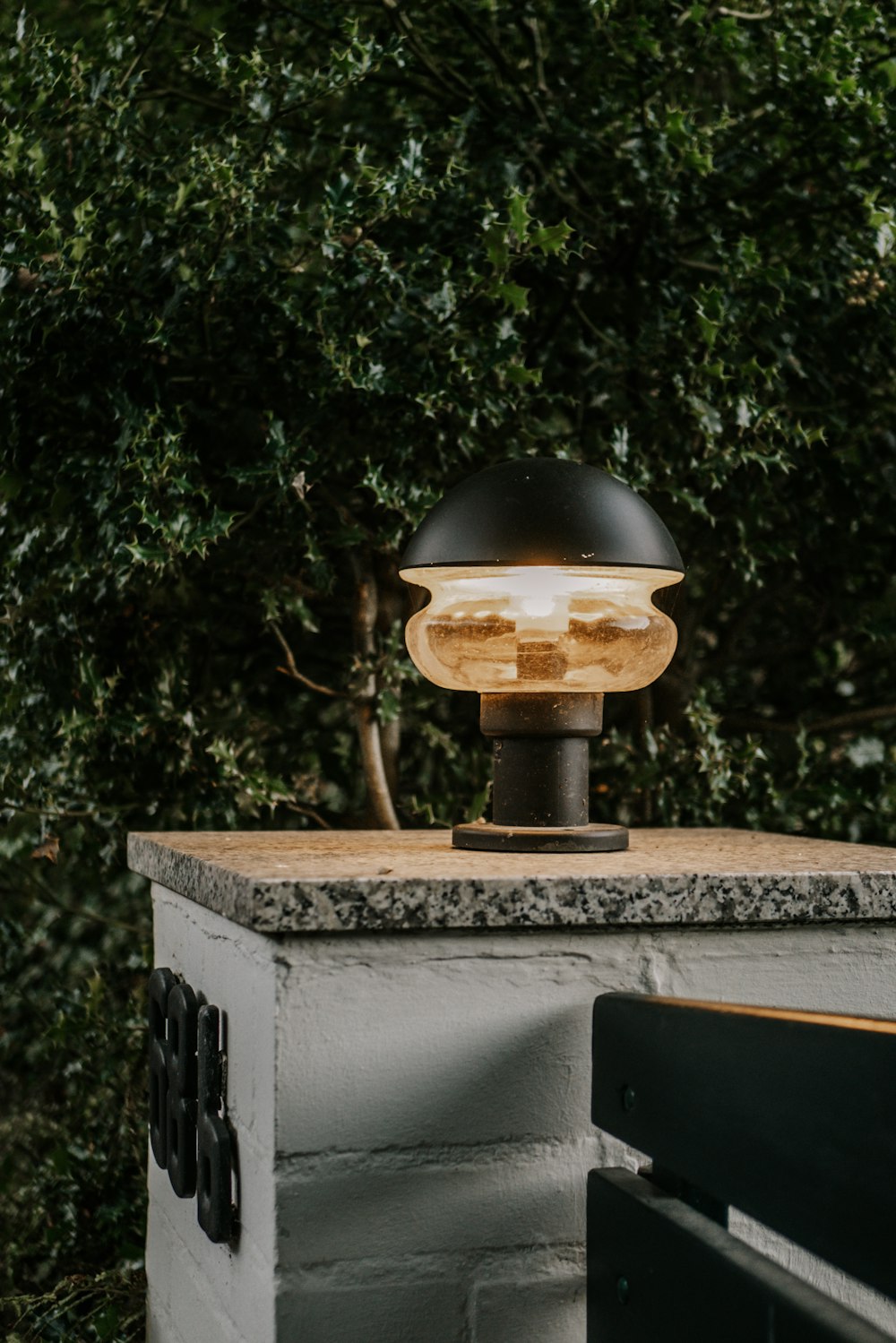 a lamp sitting on top of a table next to a tree