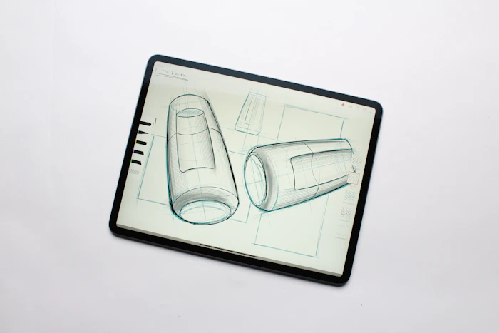 Concept sketch of a car design on a drawing table