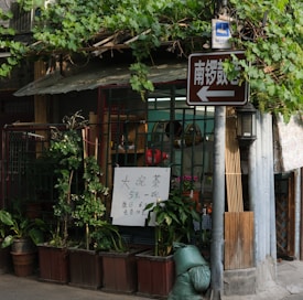 A small street-side shop is covered with lush green vines on a trellis above the entrance. Various potted plants are arranged in front of the shop, creating a vibrant, natural atmosphere. A handwritten sign in Chinese characters is displayed, advertising tea for sale. A brown directional sign is affixed to a pole nearby with more Chinese characters. The shop has a rustic appearance with a simple corrugated roof.