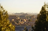 Ancient Chinese architecture surrounded by lush greenery under a clear blue sky.