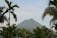 A lush green landscape features a prominent volcano in the background, framed by tropical palm trees and dense foliage in the foreground under a clear sky.