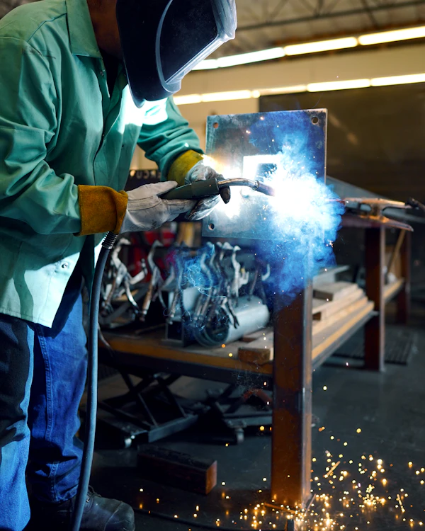 Welder working on metal fabrication in industrial workshop with welding tools