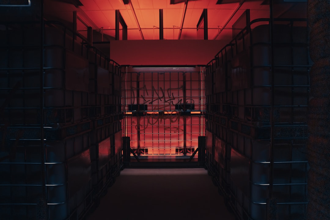 a dimly lit hallway with a red light,