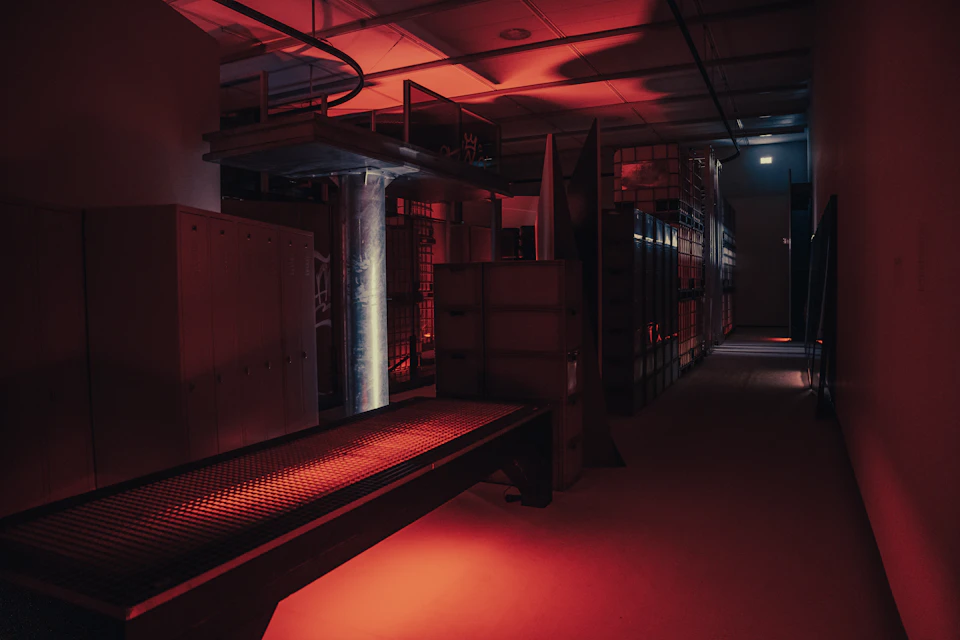 Dimly lit room with glowing red carpet under soft overhead lighting illuminates metal cabinets