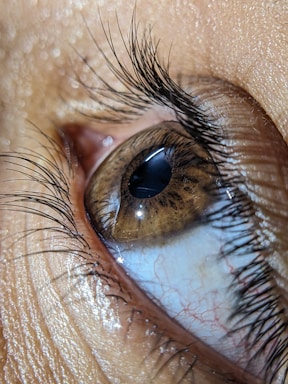A detailed close-up of a human eye, showcasing the intricate patterns and details of the iris, the reflection on the cornea, and the surrounding eyelashes. The skin texture and tiny capillaries in the white of the eye are clearly visible.