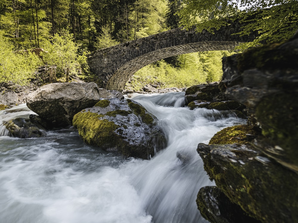 a stone bridge over a rushing river in a forest