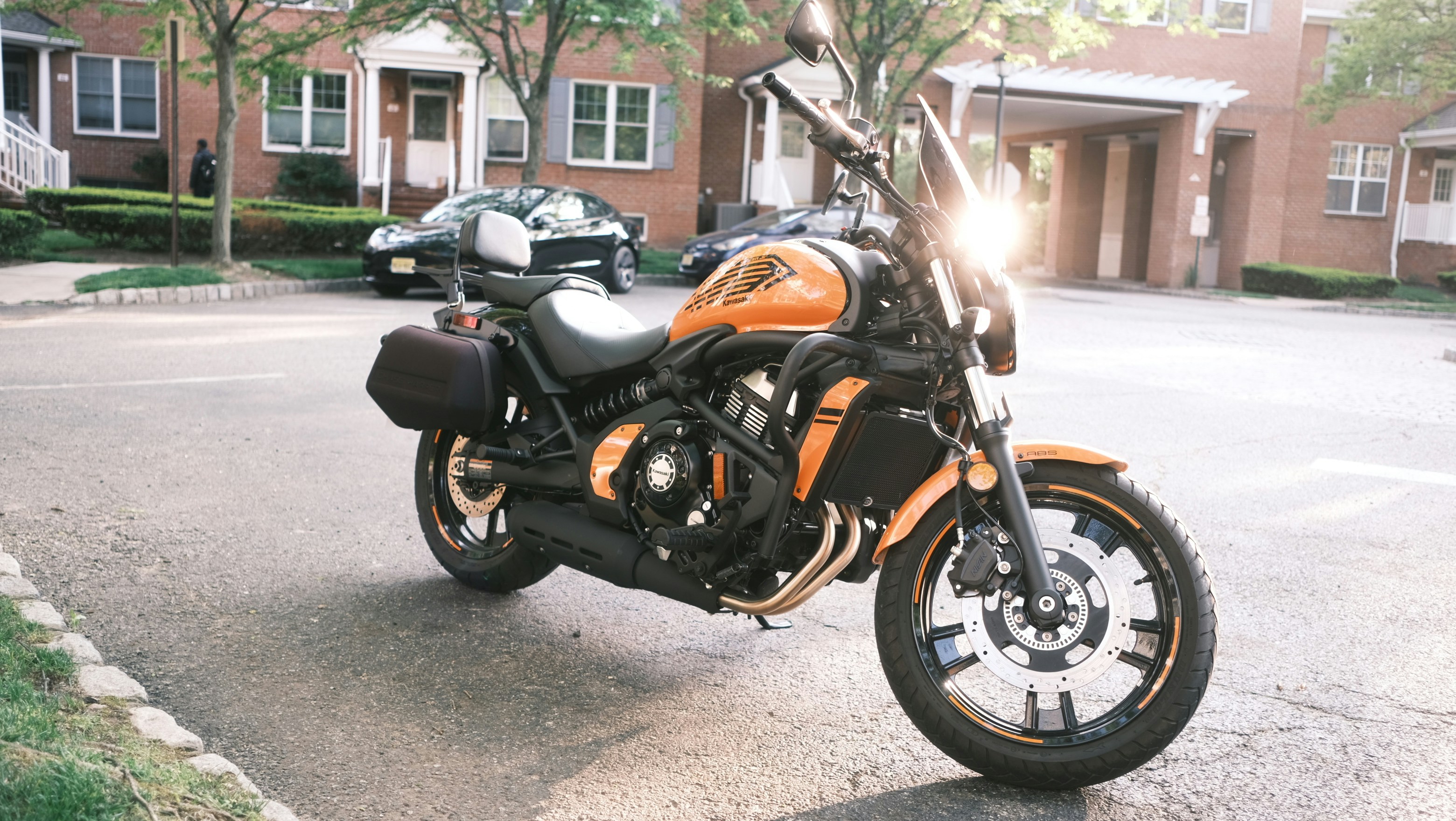 a motorcycle parked on the side of the road