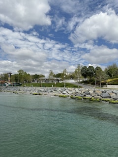 A panoramic view of an urban waterfront park with green spaces and walking paths.