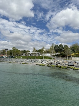 A panoramic view of an urban waterfront park with green spaces and walking paths.