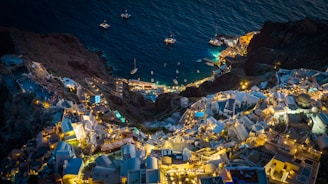 an aerial view of a city at night