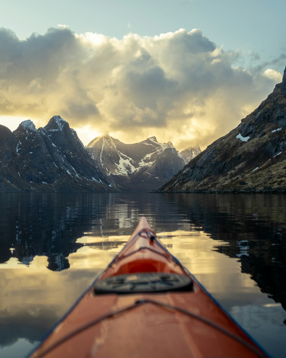 a view of a mountain range from a kayak