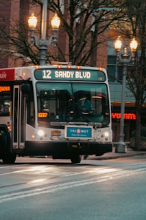 A public transport bus displaying the route number 12 and the destination 'Sandy Blvd' is captured in motion. The bus is part of the TriMet transportation service, evident from the logo on the front. Streetlights illuminate the scene, and there are trees and buildings in the background. The scene depicts an urban setting.