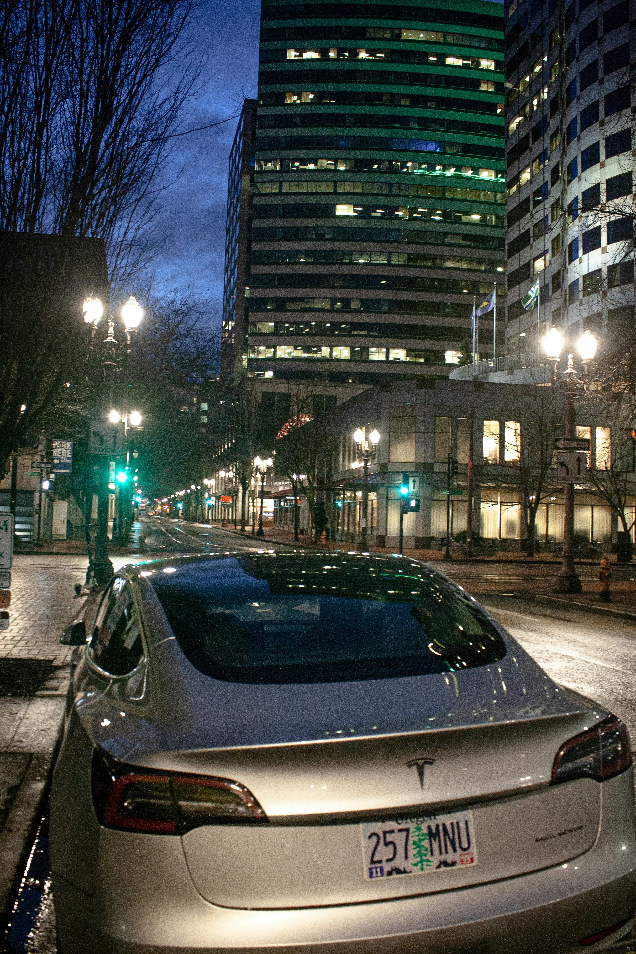 Silver Tesla Model S on city street at night, rain-slicked dark pavement, ambient city lights
