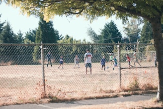 Children are playing soccer on a grassy field surrounded by a chain-link fence. A coach or adult stands nearby watching the game. Trees and greenery are visible in the background, and the scene is lit by daytime sunlight.