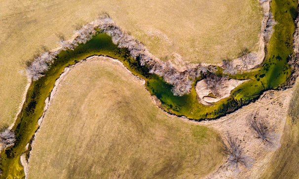 A minimalist aerial view of a winding river cutting through a neutral-toned landscape.