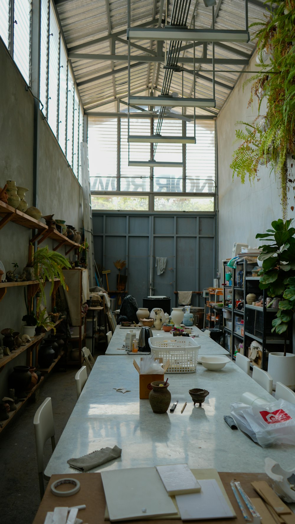 a long table in a room with lots of plants