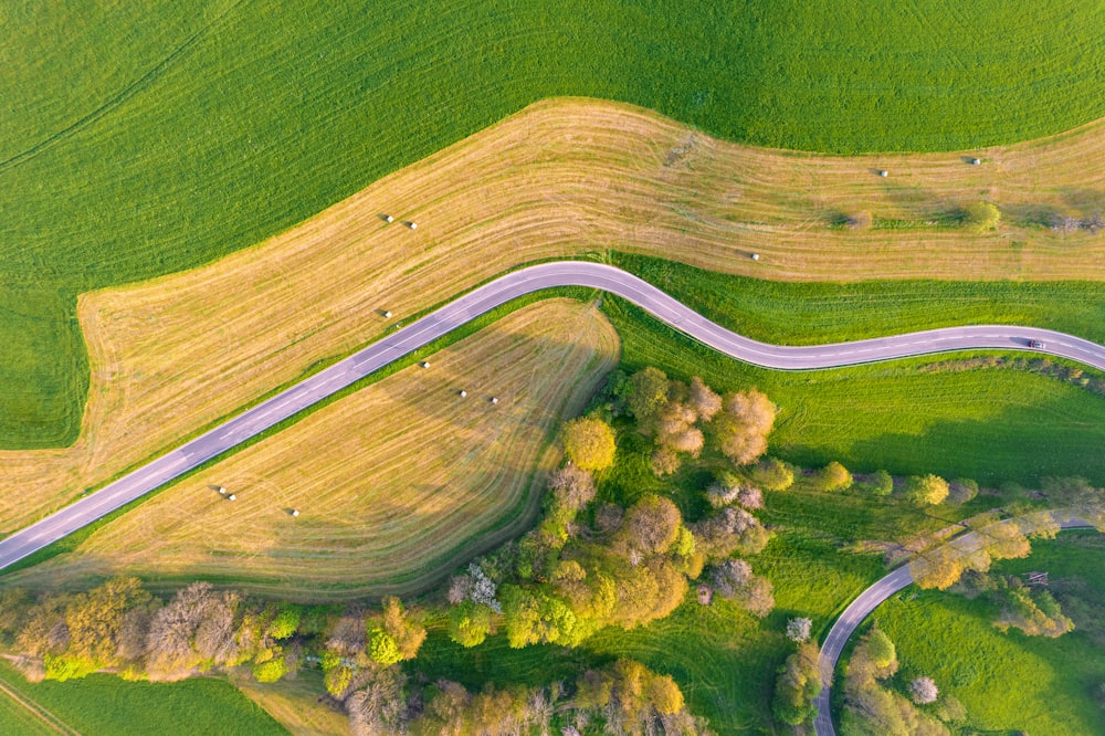 an aerial view of a winding road in the countryside