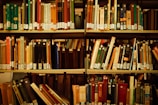 A library shelf filled with various books organized upright. The covers and spines are of diverse colors and sizes, with many having labeled tags. The lighting creates a warm and inviting atmosphere, suitable for reading or study.