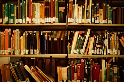 A library shelf filled with various books organized upright. The covers and spines are of diverse colors and sizes, with many having labeled tags. The lighting creates a warm and inviting atmosphere, suitable for reading or study.