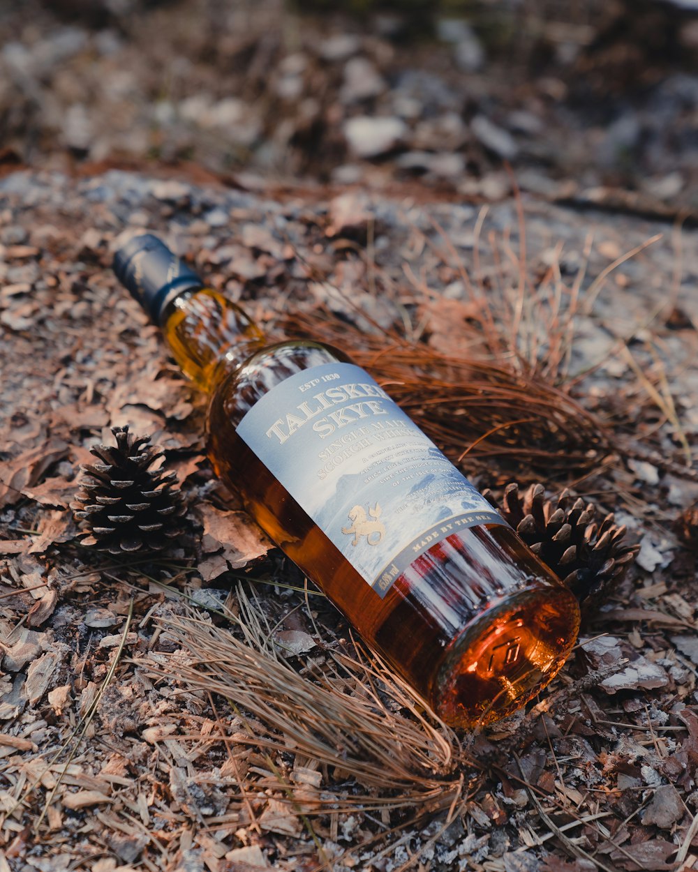 a bottle of alcohol sitting on the ground next to a pine cone