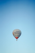 A hot air balloon with the text 'Turkish Aeronautical Association' is floating against a clear blue sky. The balloon has colorful details and logos on the sides.