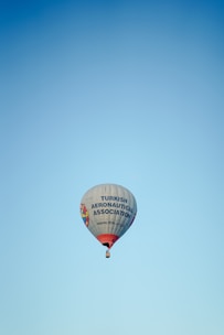 A hot air balloon with the text 'Turkish Aeronautical Association' is floating against a clear blue sky. The balloon has colorful details and logos on the sides.