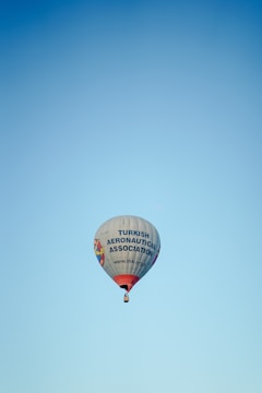 A hot air balloon with the text 'Turkish Aeronautical Association' is floating against a clear blue sky. The balloon has colorful details and logos on the sides.