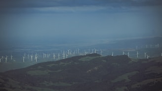 A vast landscape with rolling hills and numerous wind turbines scattered across the fields. The sky above is overcast with a hazy blue hue, and the terrain below consists of patches of green vegetation. The wind turbines are evenly spaced and line the horizon, indicating a large wind farm.