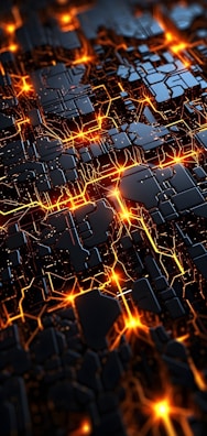 A digital circuit-like pattern with interconnected glowing orange lines and black polygonal shapes conveying a futuristic and technological theme.