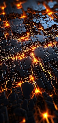 A digital circuit-like pattern with interconnected glowing orange lines and black polygonal shapes conveying a futuristic and technological theme.