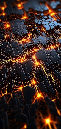 A digital circuit-like pattern with interconnected glowing orange lines and black polygonal shapes conveying a futuristic and technological theme.