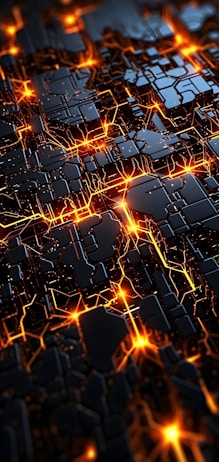 A digital circuit-like pattern with interconnected glowing orange lines and black polygonal shapes conveying a futuristic and technological theme.