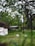 A lush garden scene with tall green trees and a well-maintained lawn. Dandelions are visible scattered throughout the grass. In the background, a wooden fence and leafy shrubs enhance the natural setting. A white sheet or bag is placed on the ground next to a pile of twigs or branches.