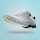 A single sports shoe is prominently displayed against a seamless, light turquoise background. The shoe features a sleek design with a gradient of light gray to dark gray tones, and is equipped with a distinctive CloudTec sole for cushioning. The branding logo is subtly visible on the side.