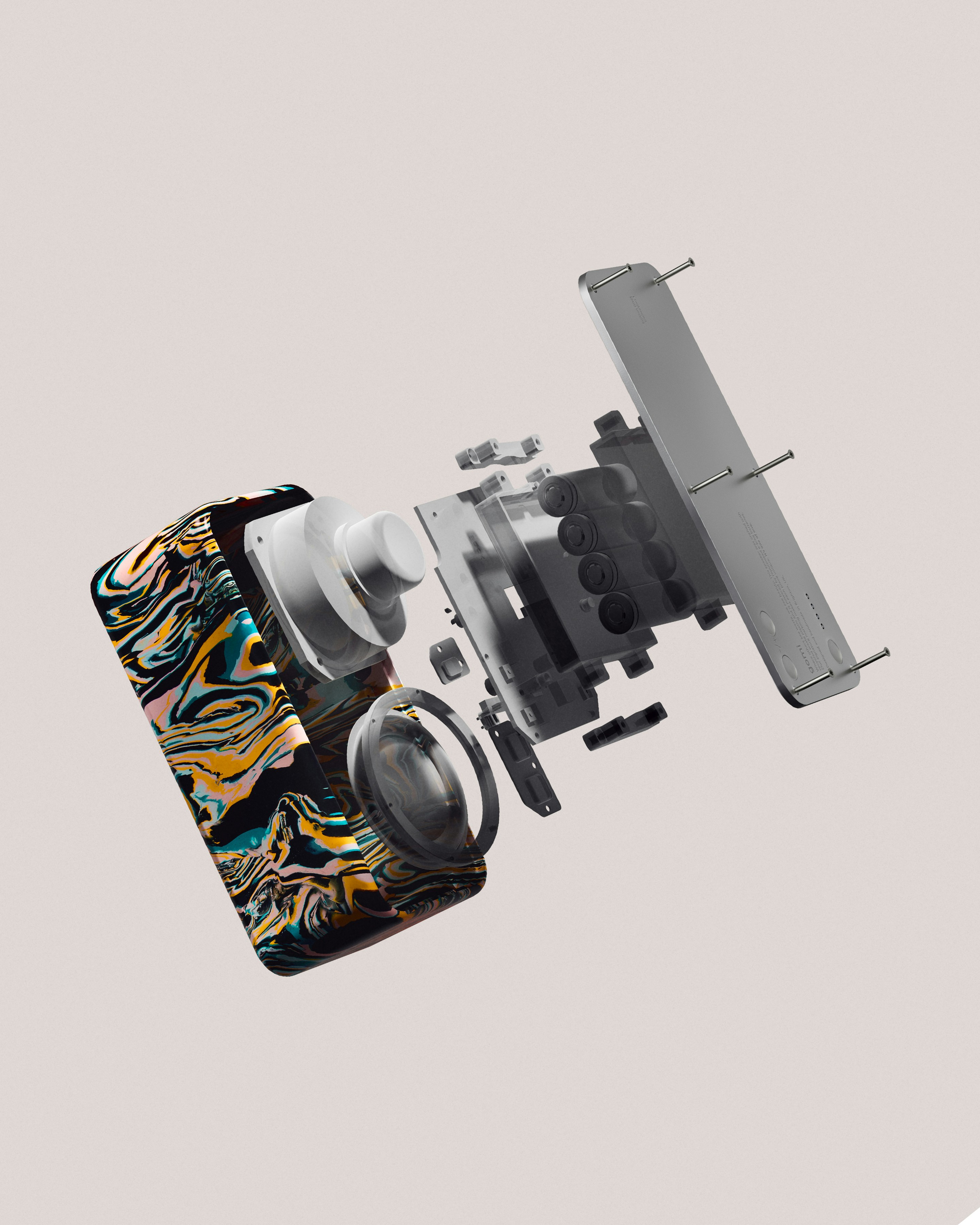 a multicolored cell phone is flying through the air