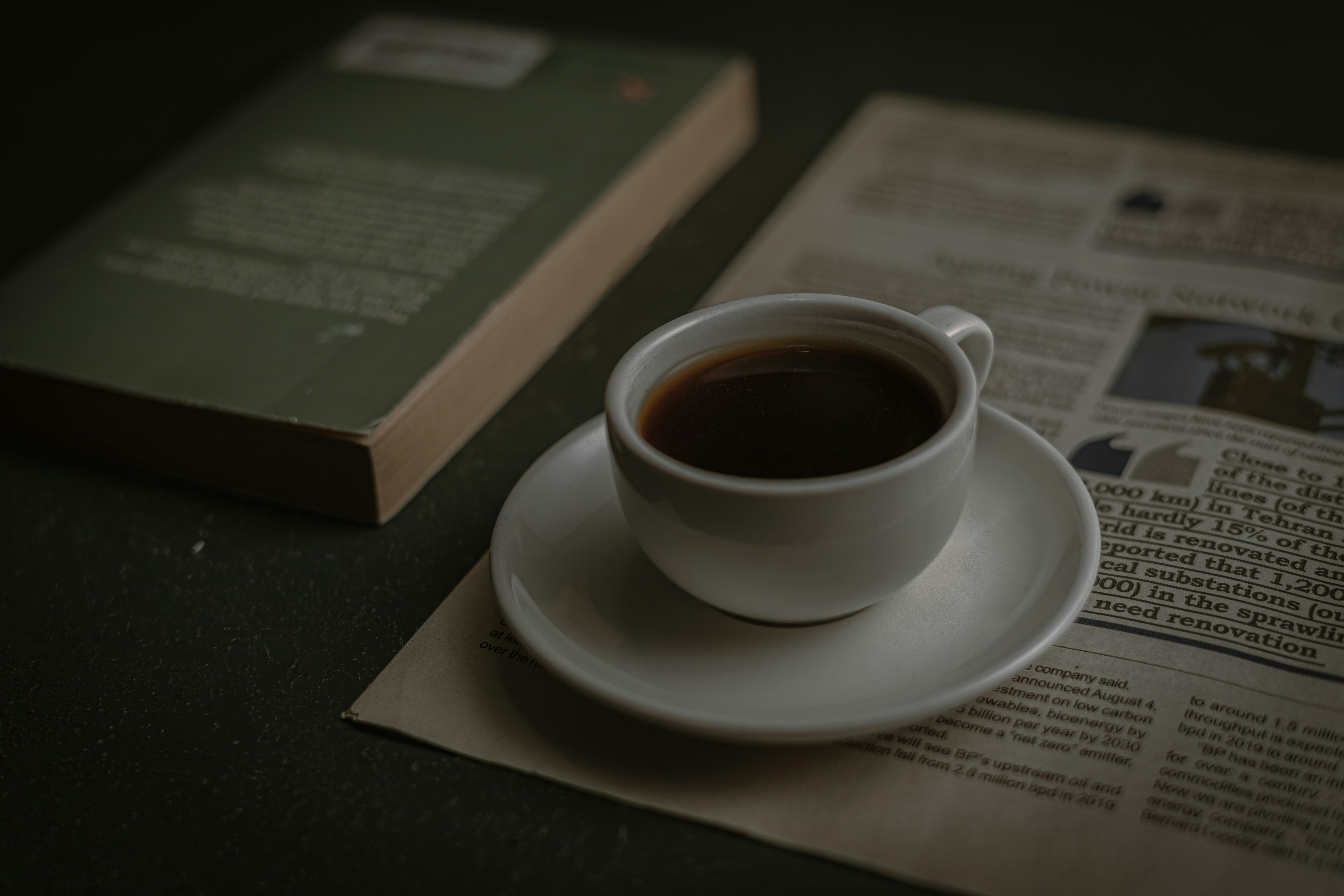 A cup of coffee next to the newspaper.