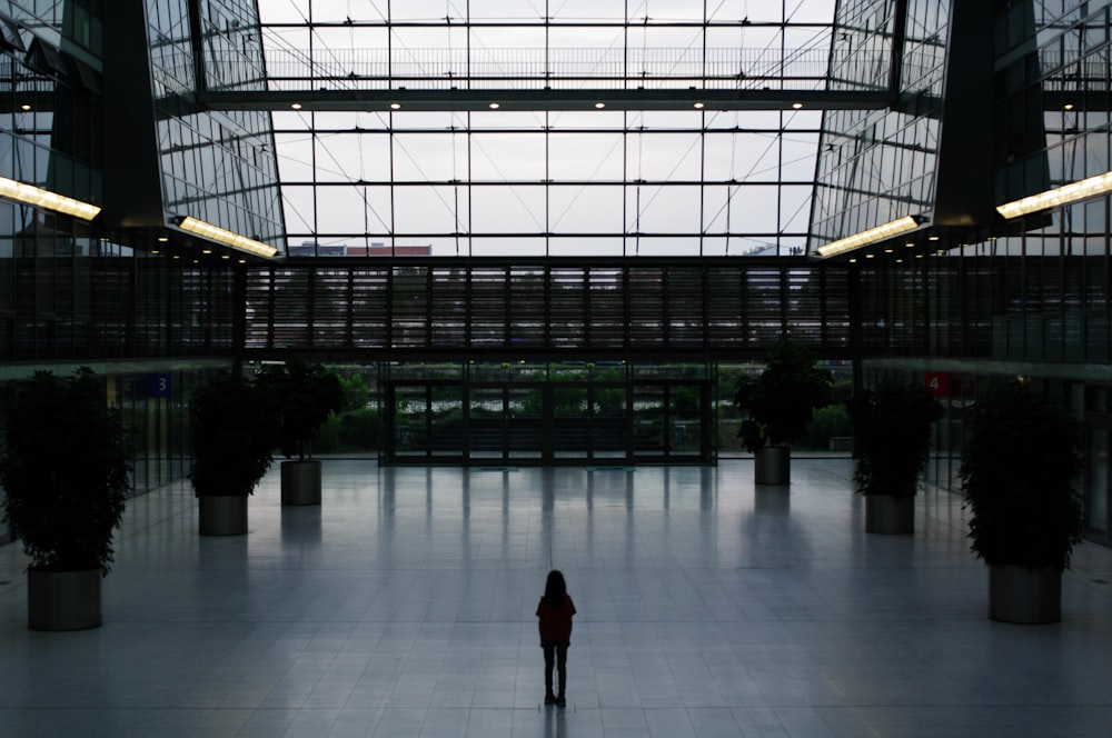 a person standing alone in a large building