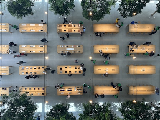 An overhead view of a large, modern store interior with several wooden tables arranged in rows. People are seen walking around or standing near the tables, some of which display electronics such as laptops and tablets. The store is spacious, with green trees interspersed among the tables, adding a touch of nature. The floor is light-colored, contributing to the clean and organized appearance of the space.