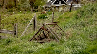 Traditional agricultural tools resting on a wooden fence in a village landscape.
