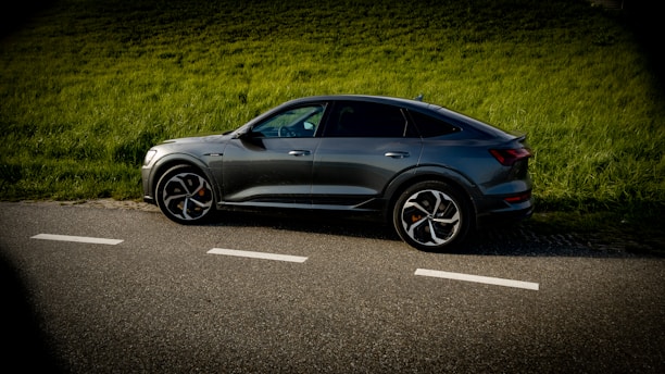 A sleek, modern car parked on a scenic road surrounded by greenery.