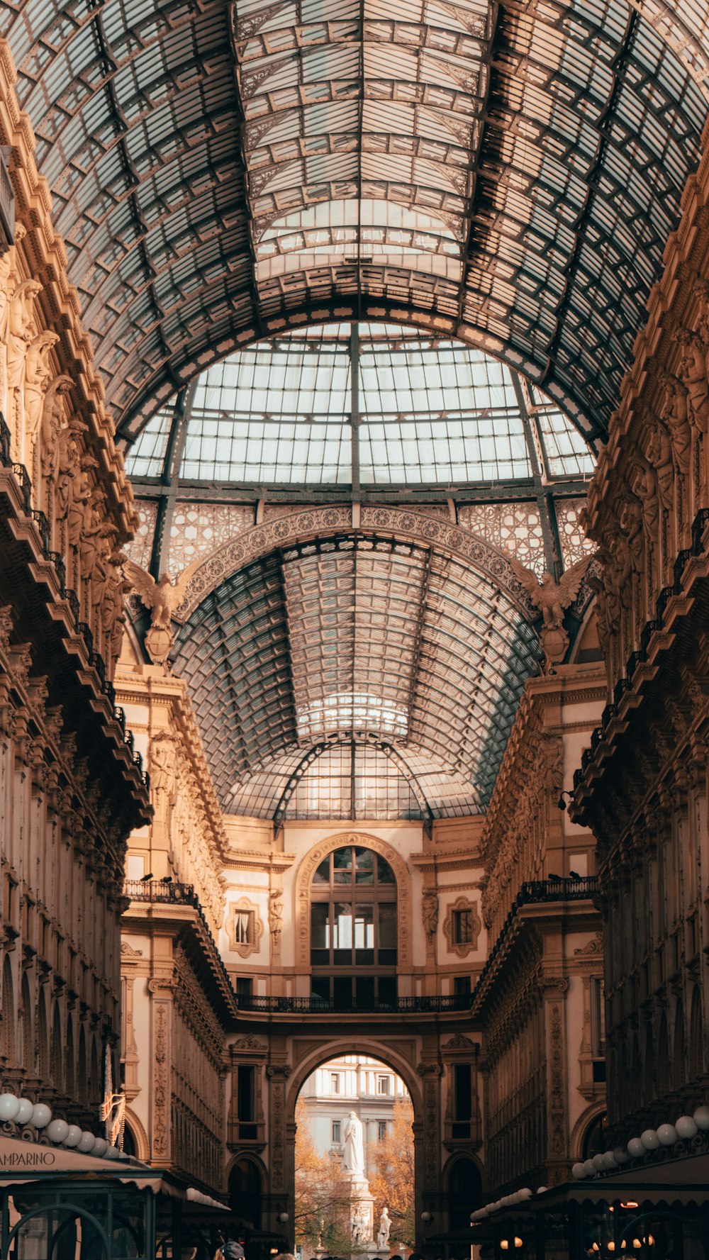 the inside of a building with a glass ceiling